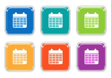 Takvim simgesi mavi, yeşil, sarı, mor ve turuncu renklerde olan yuvarlak kare renkli düğme kümesi