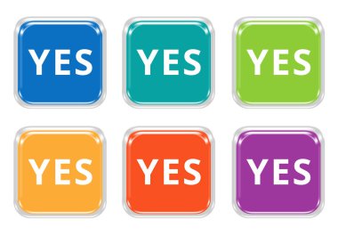 Mavi, yeşil, sarı, mor ve turuncu renklerde Evet kelimesiyle yuvarlak kare renkli düğme kümesi