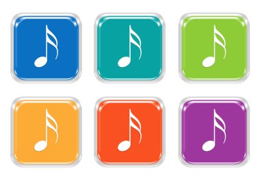 Mavi, yeşil, sarı, mor ve turuncu renklerde müzik simgesiyle yuvarlatılmış kare renkli düğme kümesi