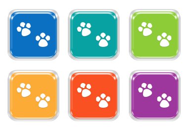 Mavi, yeşil, sarı, mor ve turuncu renklerde evde beslenen hayvan ayak izleri simgesiyle yuvarlatılmış kare renkli düğme kümesi