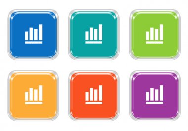 Çubuk grafik simgesi mavi, yeşil, sarı, mor ve turuncu renklerde olan yuvarlak kare renkli düğme kümesi