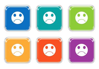 Mavi, yeşil, sarı, mor ve turuncu renklerde mutsuz yüz simgesi ile yuvarlak kare renkli düğme kümesi