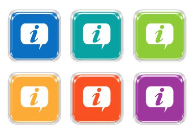 Bilgi simgesi mavi, yeşil, sarı, mor ve turuncu renklerde olan yuvarlak kare renkli düğme kümesi