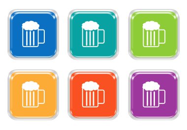Mavi, yeşil, sarı, mor ve turuncu renklerde bira simgesiyle yuvarlatılmış kare renkli düğme kümesi