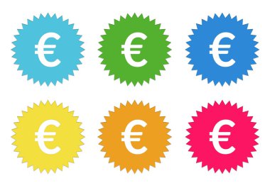 Euro simgesi mavi, yeşil, sarı, mavi, pembe ve turuncu renklerde ile yuvarlak renkli etiket simge kümesi