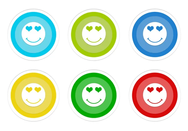 Σύνολο Στρογγυλεμένες Πολύχρωμα Κουμπιά Ευτυχισμένο Και Αγάπη Πρόσωπό Σύμβολο Χρώματα — Φωτογραφία Αρχείου
