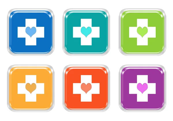 紫とオレンジ色で医療のシンボルと丸みを帯びた正方形カラフルなボタンのセット — ストック写真