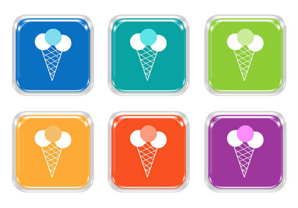 Set of rounded square colorful buttons with ice cream cone symbol in blue, green, yellow, purple and orange colors