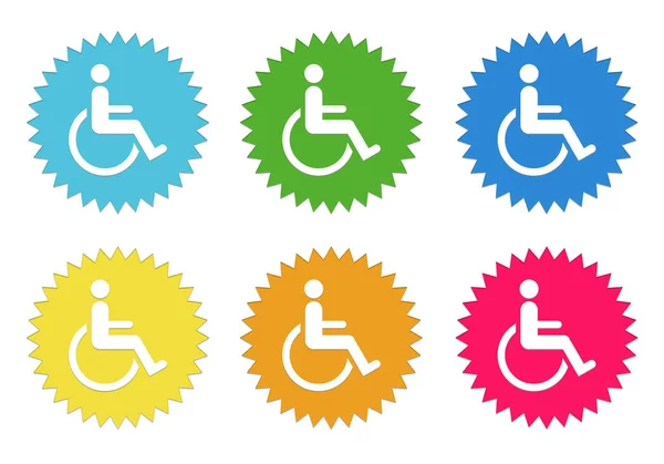 Set Rounded Colorful Sticker Icons Handicapped Symbol Blue Green Yellow — Stock Photo, Image