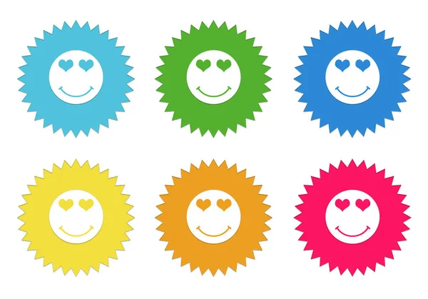 Aantal Afgeronde Kleurrijke Sticker Pictogrammen Met Plezier Liefde Gezicht Symbool — Stockfoto