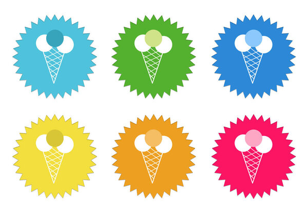 Set of rounded colorful sticker icons with ice cream cone symbol in blue, green, yellow, cyan, pink and orange colors