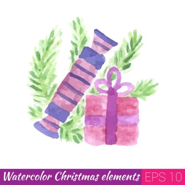 Suluboya Noel unsuru. Hediye ve şeker