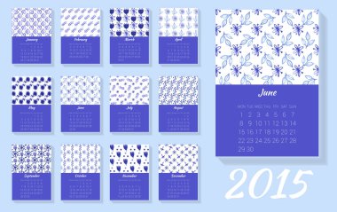 Sulu boya desenli 2015 takvimi. Vektör. Hafta pazartesi başlıyor.