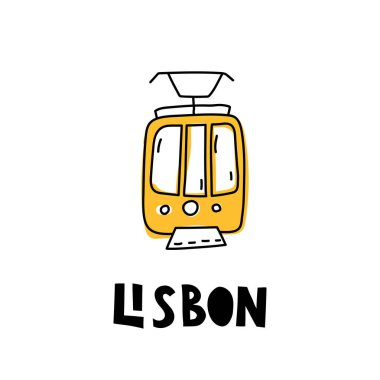 Sarı Lizbon tramvay. Modern tarzı resimde yazı ile