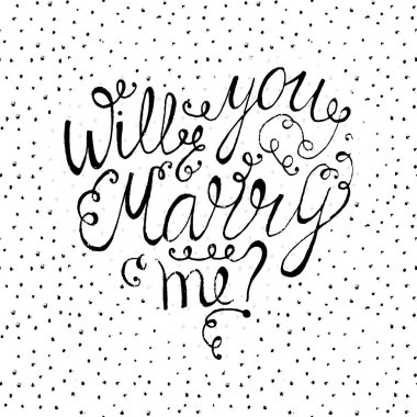 Benimle kartpostalla evlenir misin? Sevgililer Günü için bir deyim. El yazısıyla yazılmış harfler. Romantik kaligrafi.