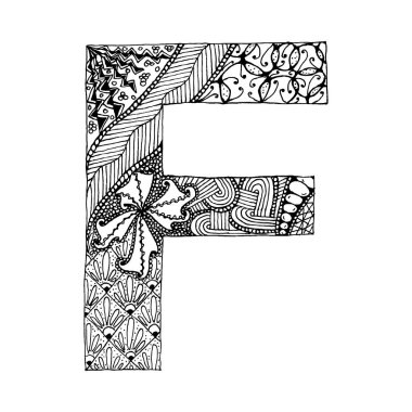 Zentangle stil alfabesi. Karalama tarzında F harfi. El çizimi yazı tipi, boyama sayfası, dövme, makhenda veya dekorasyon için vektör çizimi. 