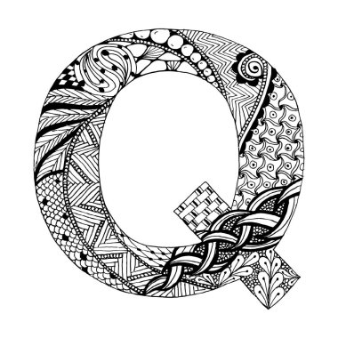 Zentangle stil alfabesi. Q harfi karalama tarzında. El çizimi yazı tipi, boyama sayfası, dövme, makhenda veya dekorasyon için vektör çizimi. 