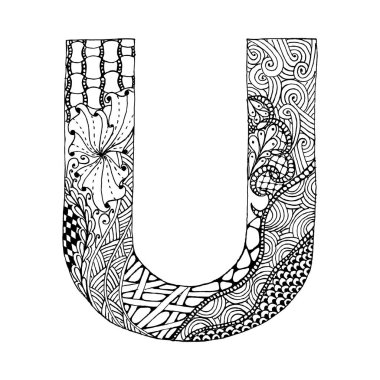 Zentangle stil alfabesi. Karalama şeklinde U harfi. El çizimi yazı tipi, boyama sayfası, dövme, makhenda veya dekorasyon için vektör çizimi. 