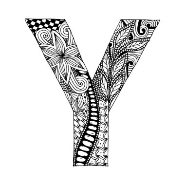 Zentangle stil alfabesi. Y harfi karalama tarzında. El çizimi yazı tipi, boyama sayfası, dövme, makhenda veya dekorasyon için vektör çizimi. 