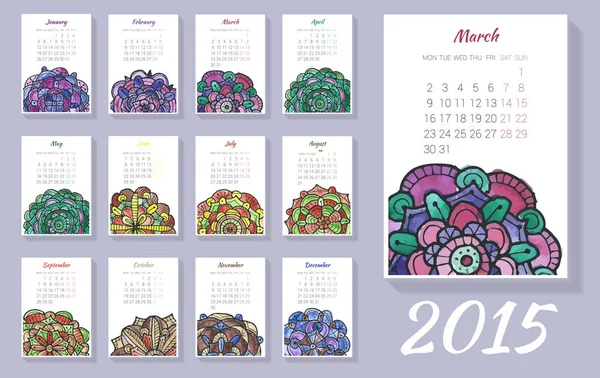 Calendário 2015 Com Padrões Aquarela Vector Semana Começa Segunda Feira — Vetor de Stock