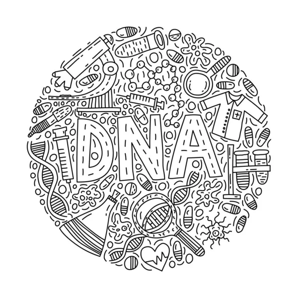 Dna Vector Concept Circle Doodle Illustration Lettering — Stock Vector