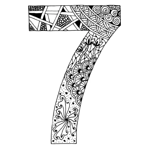 Zentangle风格的字母Albet 7为涂鸦风格 手绘草图字体 彩色页的矢量图解 马肯达斯或装饰品 — 图库矢量图片