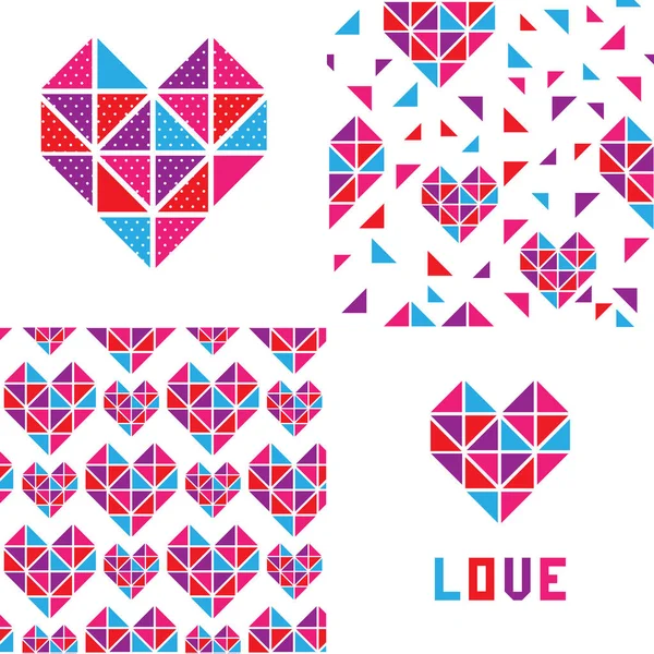 Vector Set Polygonal Red Hearts White Background Poster Seamless Pattern — Stock Vector