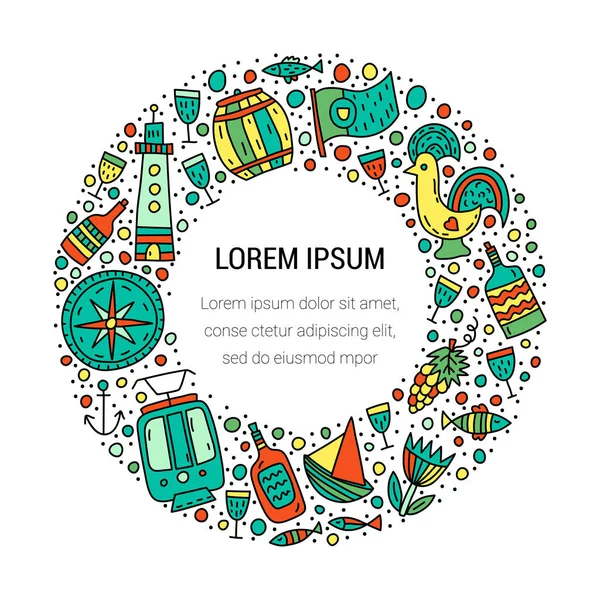 Circle frame with doodle Portugal symbols. Illustration with your text — Stock Illustration Circle Frame Doodle Portugal Symbols Illustration Your Text Royalty Free Stock Illustrations