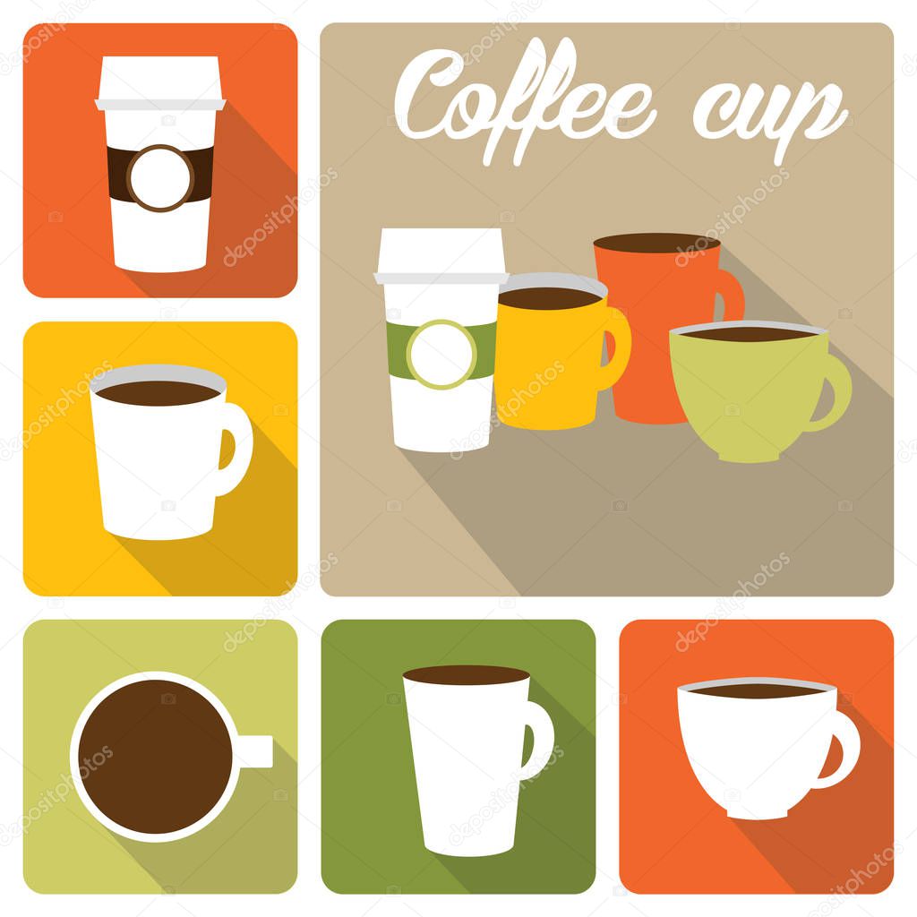 Set of disposable coffee cup icon with coffee logo. Vector illustration flat design with long shadow.
