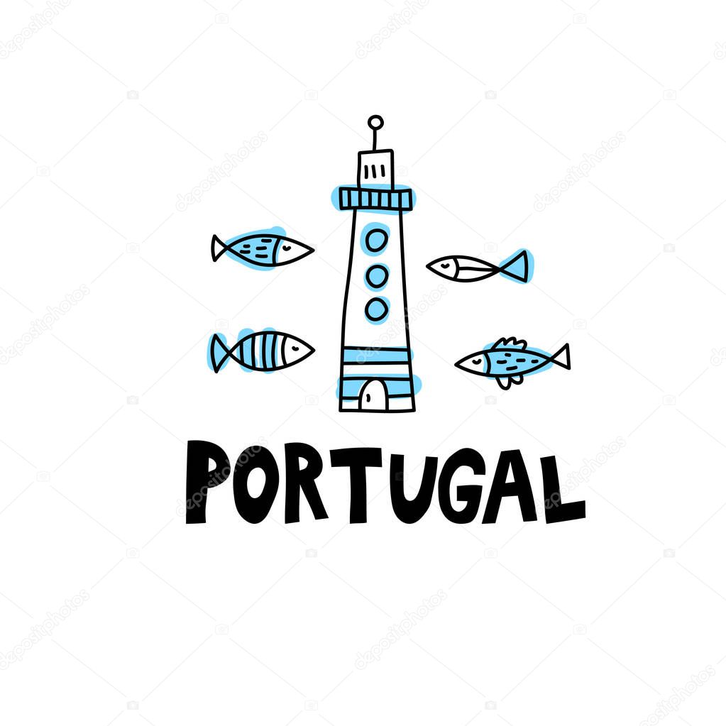 Portugal illustration with lighthouse and fishes