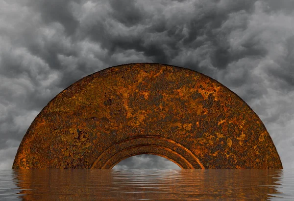 Abstract mystical semi-circular archway in the ocean with dark clouds — Stock Photo, Image