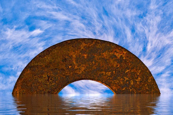 Abstract mystical semi-circular archway in the ocean with white swirling clouds