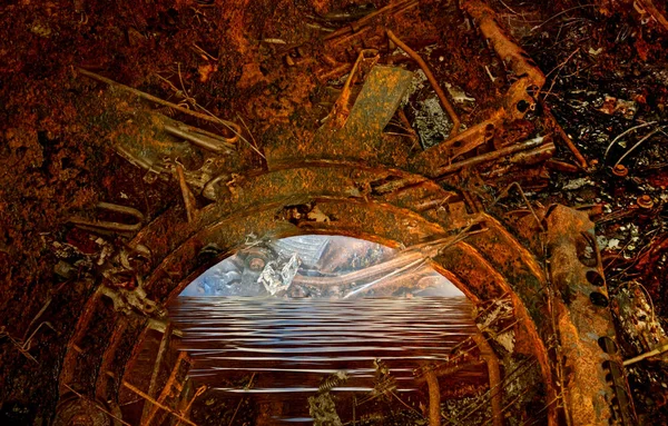 Абстрагируясь от старой ржавой полупрозрачной арки, ведущей к реке. — стоковое фото