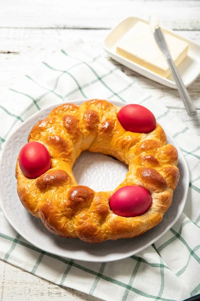 Torta Greca Pasqua Pasqua Pane Greco Pasquale Rotolo Uovo — Foto Stock
