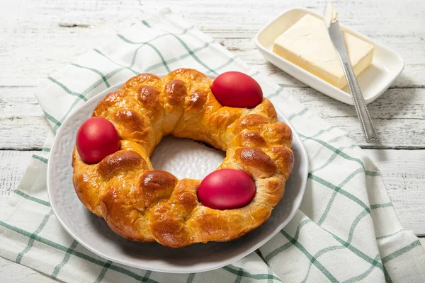 Torta Greca Pasqua Pasqua Pane Greco Pasquale Uova — Foto Stock