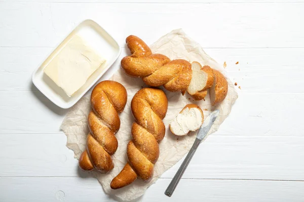 Delicious Pastries Tasty Buns Delicious Pigtail Buns Bun Butter — Stock Photo, Image