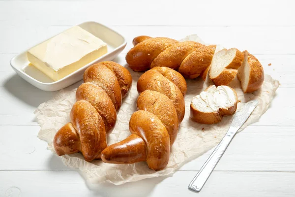 Delicious Pastries Tasty Buns Delicious Pigtail Buns Bun Butter — Stock Photo, Image