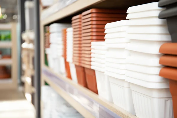 Plastik saksıları olan raflar. Çiçekler için stok