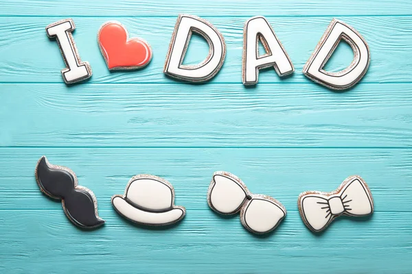 Gelukkige Vaderdag Concept Koekjes Een Blauwe Houten Achtergrond Plaats Voor — Stockfoto
