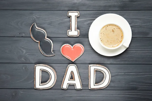 Щасливий День Батька Концепція Чашка Кави Печива Текст Люблю Тата — стокове фото
