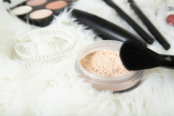 Loose Powder Brush Close Decorative Cosmetics — Stock Photo, Image