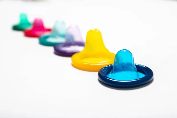 Multi Colored Condom White Background Contraception Safe Sex — Stock Photo, Image