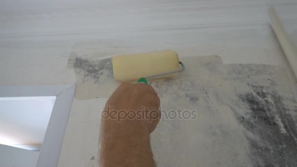 Aplicar pasta de papel pintado a la pared con un rodillo, preparación para empapelar — Vídeos de Stock