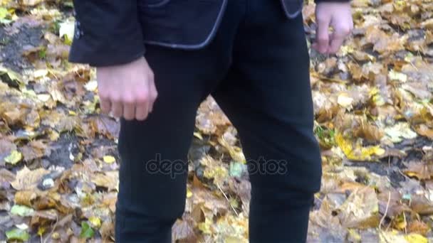 一个年轻男子在秋季公园的礼服的肖像, 相机向上移动. — 图库视频影像