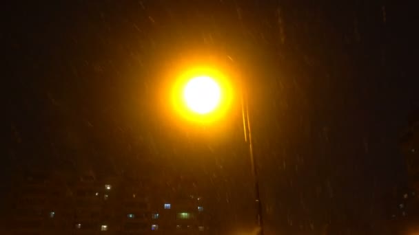 Lampione stradale invernale notturno con neve che cade — Video Stock