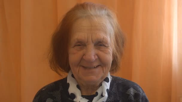 Porträtt av en leende äldre kvinna tittar på kameran — Stockvideo