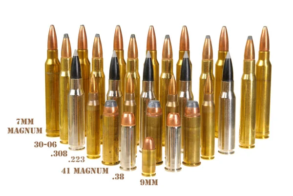 Ammunition Various Types Sizes 320 Auto 300 Win Mag Arranged — Stock Photo, Image