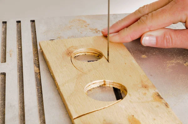 Closeup Womans Hands Working Bandsaw Cut Intricate Shape Piece Plywood — Stock Photo, Image