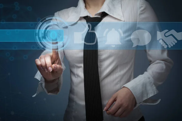 Business girl clicks on the buttons on the virtual screen — Stock Photo, Image