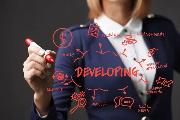 Business girl writes a red marker development strategy. The conc — Stock Photo, Image